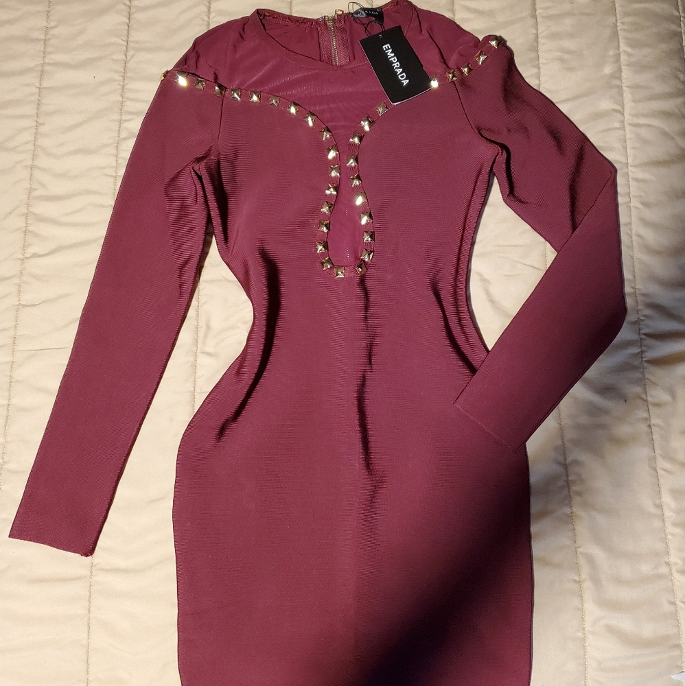 Jesenia Burgundy Long Sleeve Mesh Bandage Dress